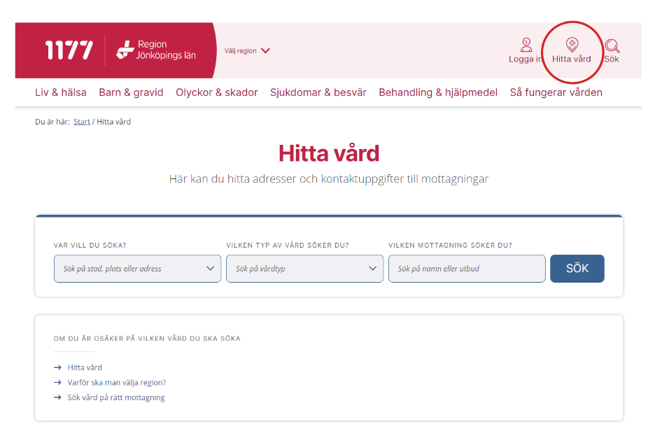Man når kontaktsidorna via ikonen för Hitta vård i sajthuvudet.