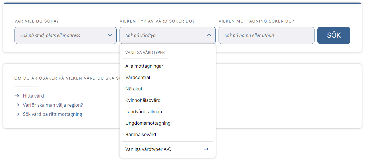 Man kan filtrera sökningen utifrån vårdtyp.