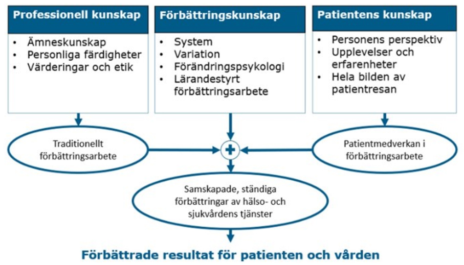 Schematisk bild över hur patientens kunskap kompletterar professionell kunskap och förbättringskunskap
